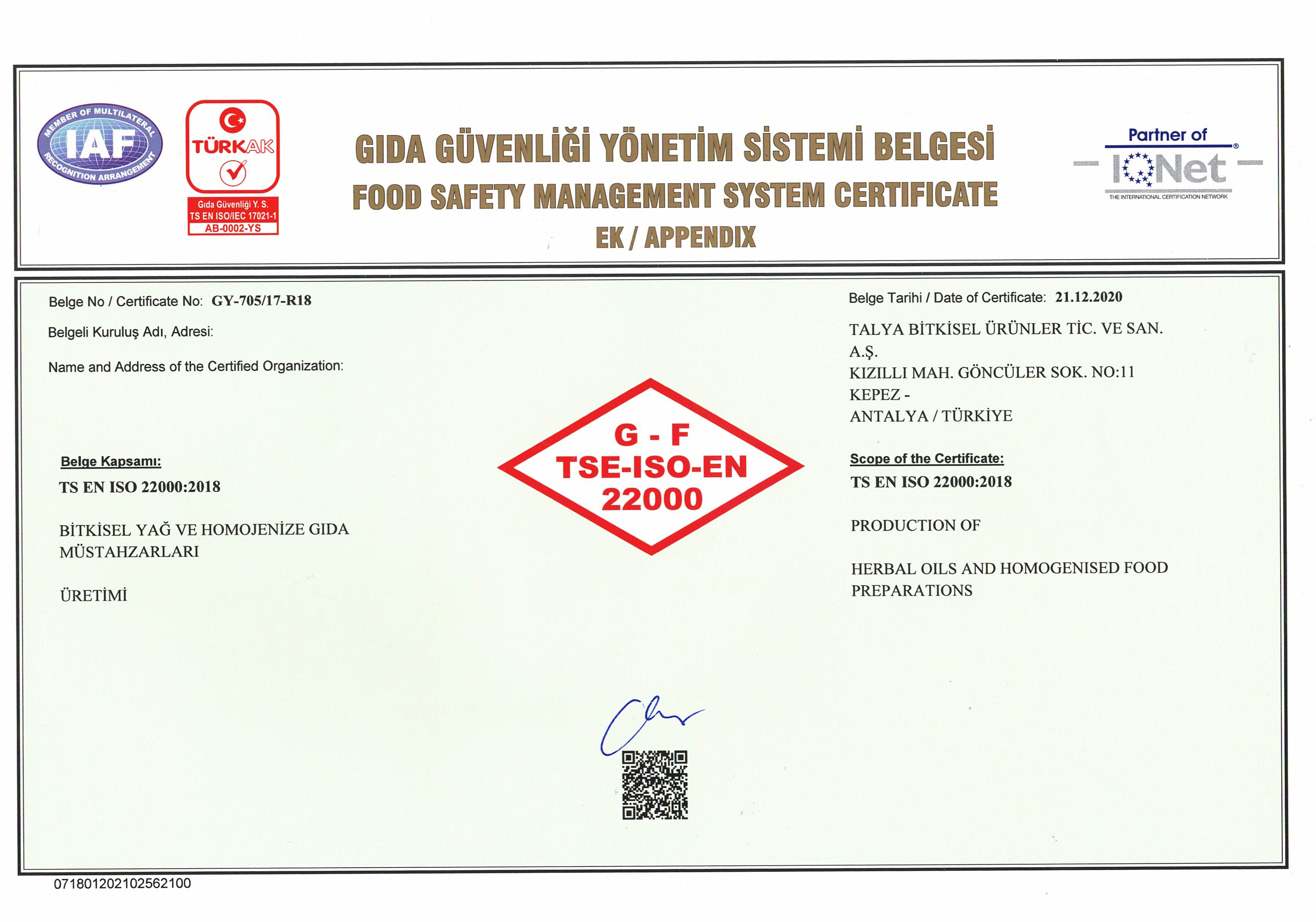 Gıda güvenliği yönetim sistemi belgesi talya bitkisel