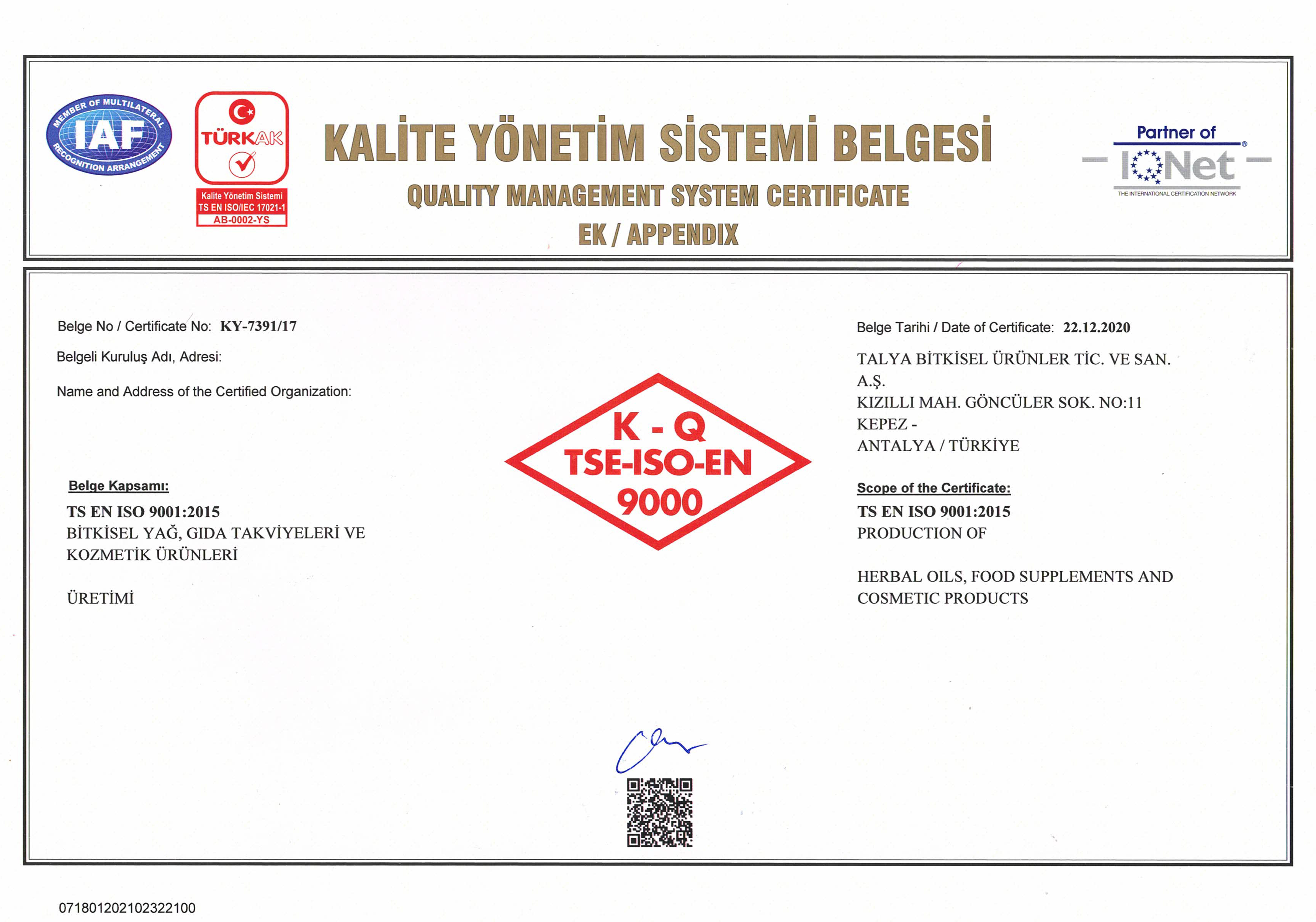 Kalite yönetim sistemi belgesi