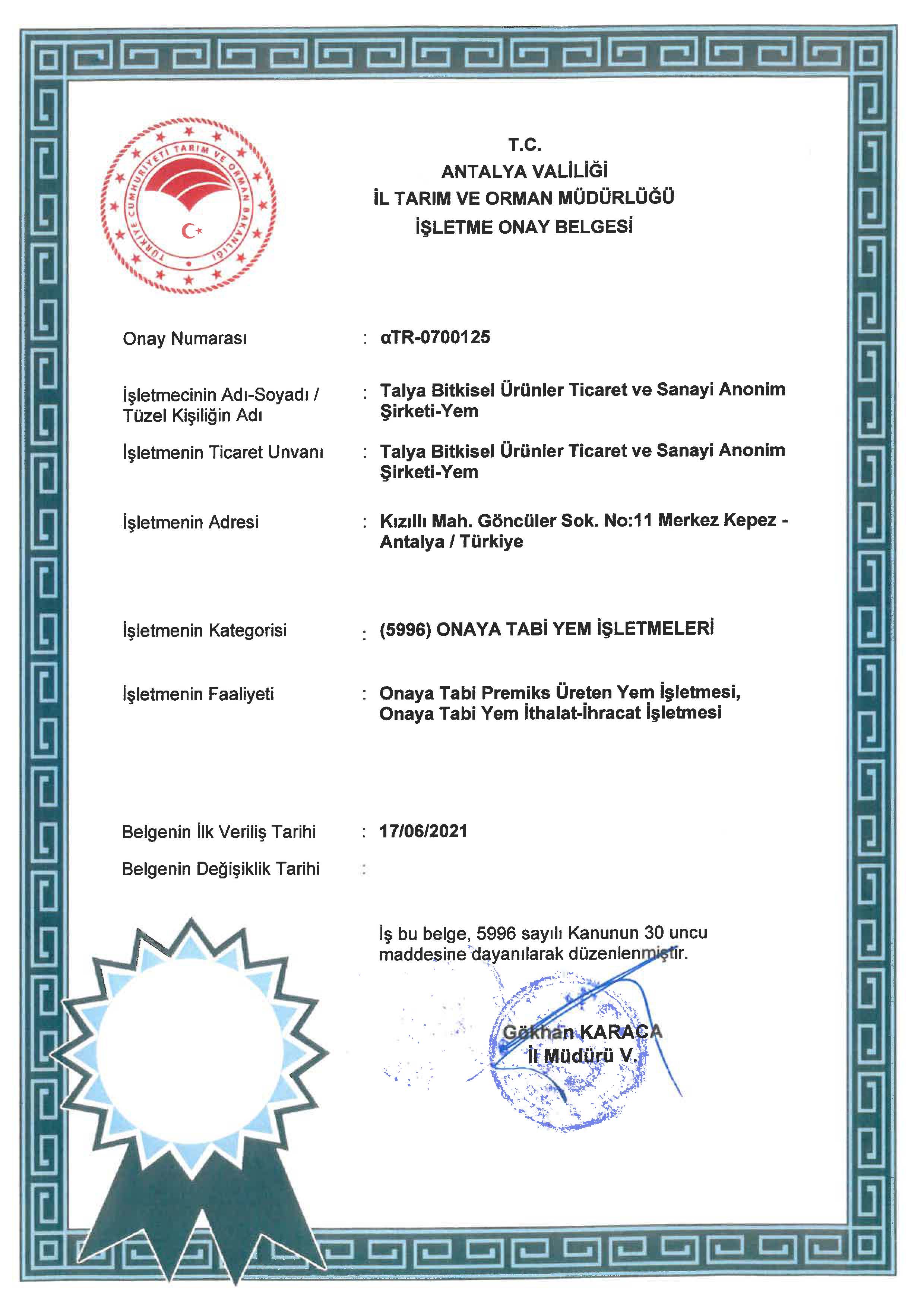 Talya bitkisel ürünler Antalya valiliği il gıda, tarım ve hayvancılık müdürlüğü işletme kayıt belgesi